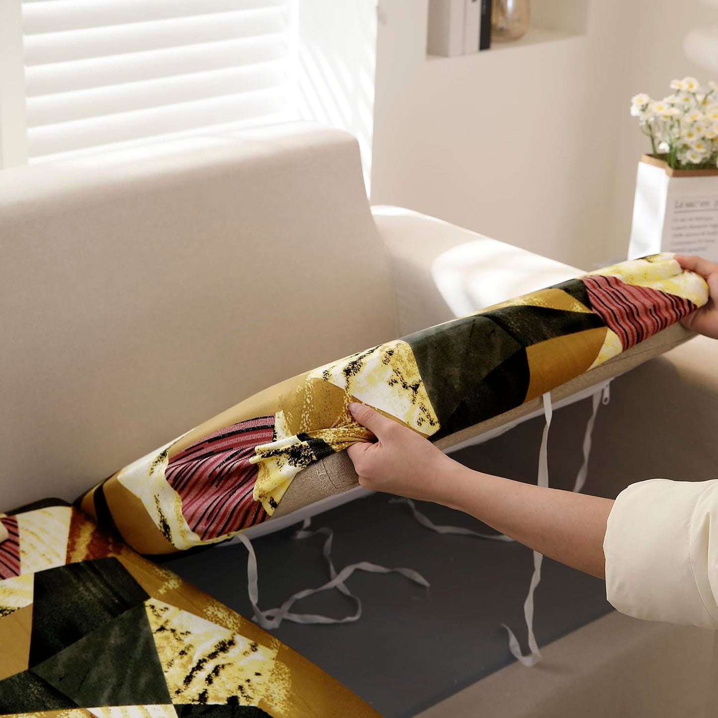 140 GSM Stretchable Printed Elastic Sofa Cushion Seat Cover for 1 /2 /3 Seaters / Pieces for Sofa, Wine Abstract Geometry