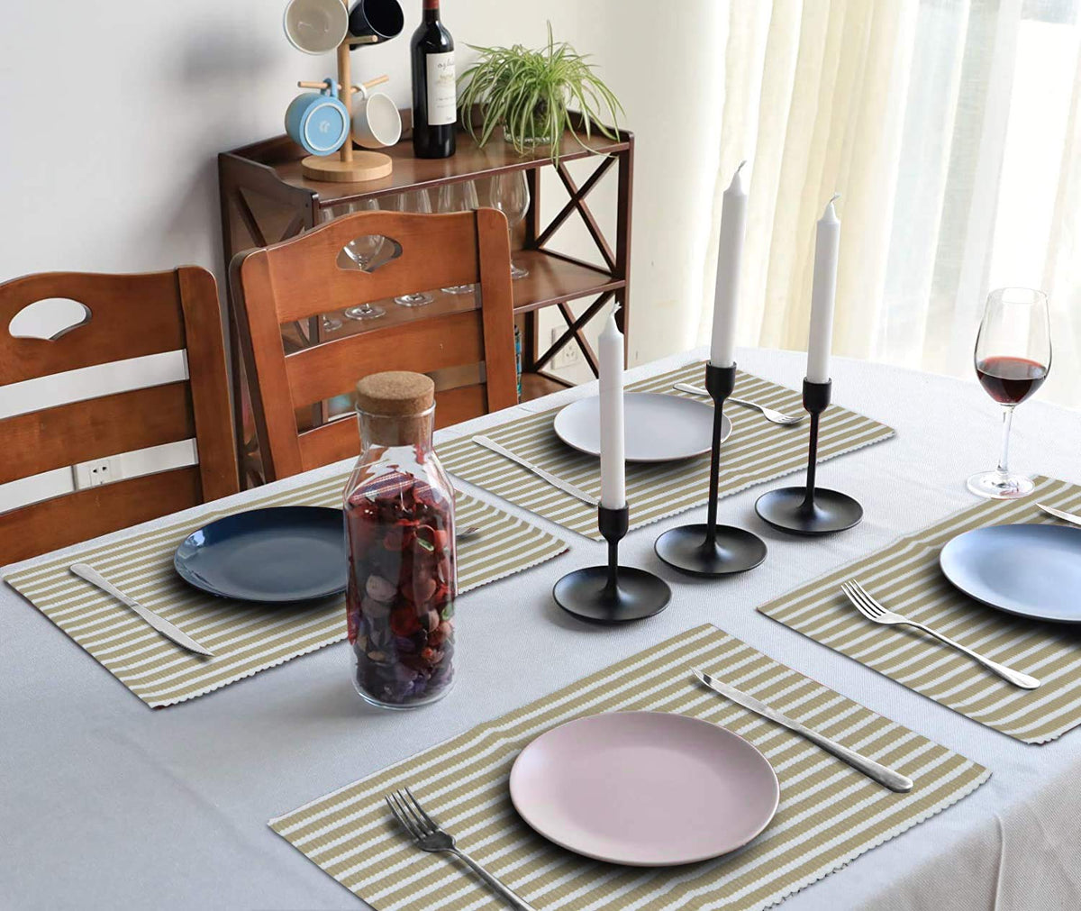 Ribbed Cotton Heat Resistant Dining Table Mat, Brown Striped