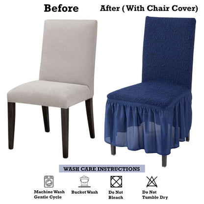 Elastic Stretchable Designer Woven Jacquard Dining Chair Cover with Frill, Navy Blue