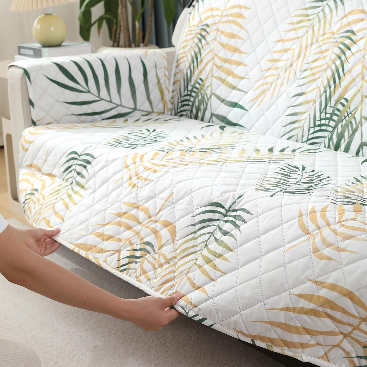 Quilted Waterproof Sofa Cover Mat with Pockets on Armrest Cover - Palm Leaves Forest Green