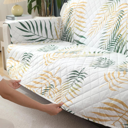 Quilted Waterproof Sofa Cover Mat with Pockets on Armrest Cover - Palm Leaves Forest Green