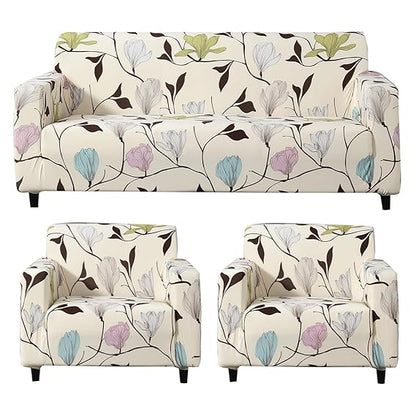 Elastic Stretchable Printed Sofa Cover, Beige Brown Leaves