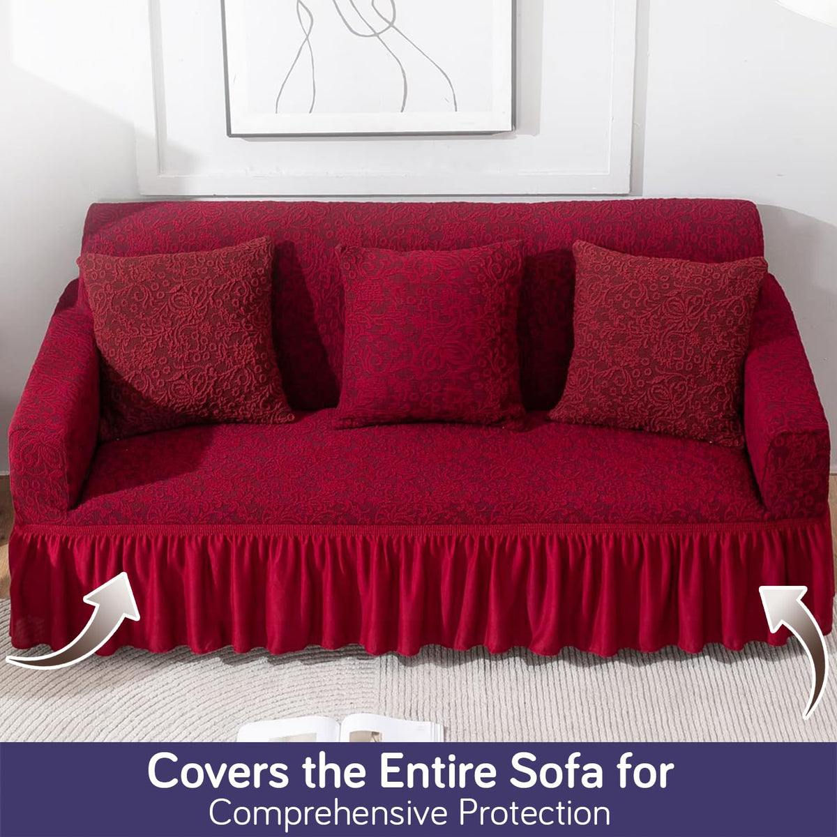 Elastic Stretchable Designer Woven Jacquard Sofa Cover with Frill, Wine Red