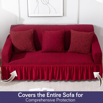 Elastic Stretchable Designer Woven Jacquard Sofa Cover with Frill, Wine Red