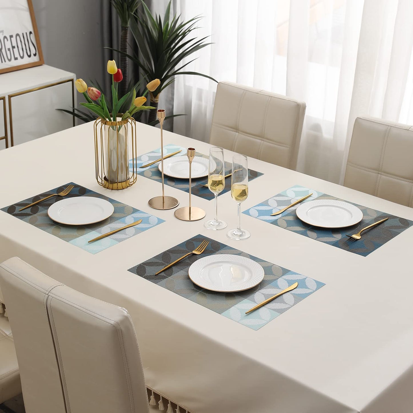 PVC Dining Table Mats, Geometric Blue