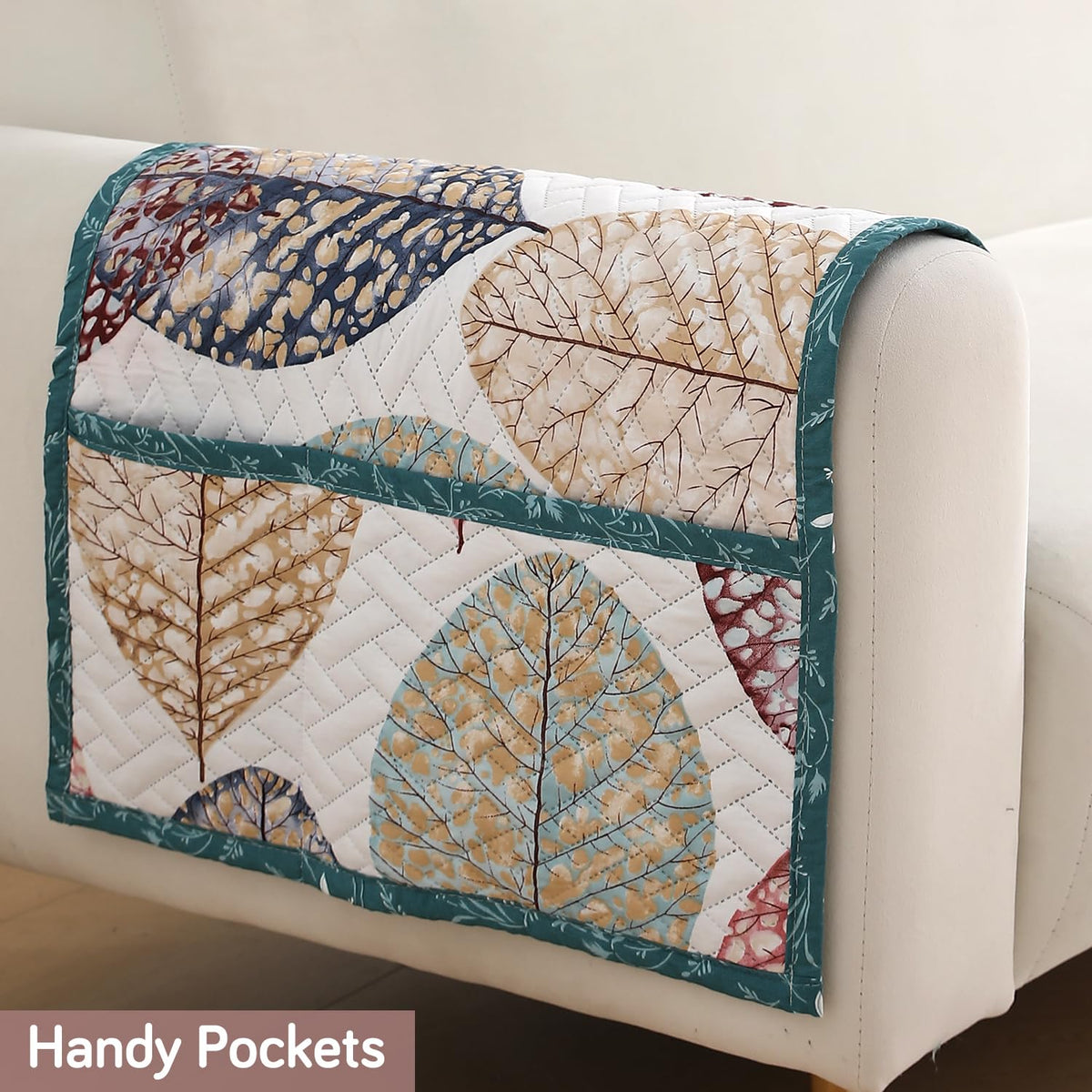 'Homehues' Printed Quilted Sofa Cover Mats, Multicolor Linden Leaf