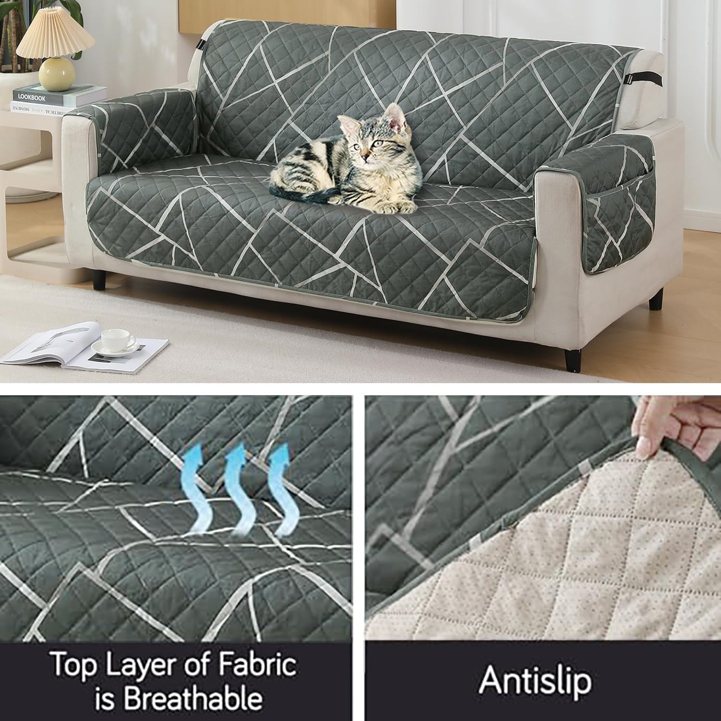 Abstract Geometric Shadow Grey print Fabric & Anti-slip 2 seater quilted waterproof sofa cover | Hokipo