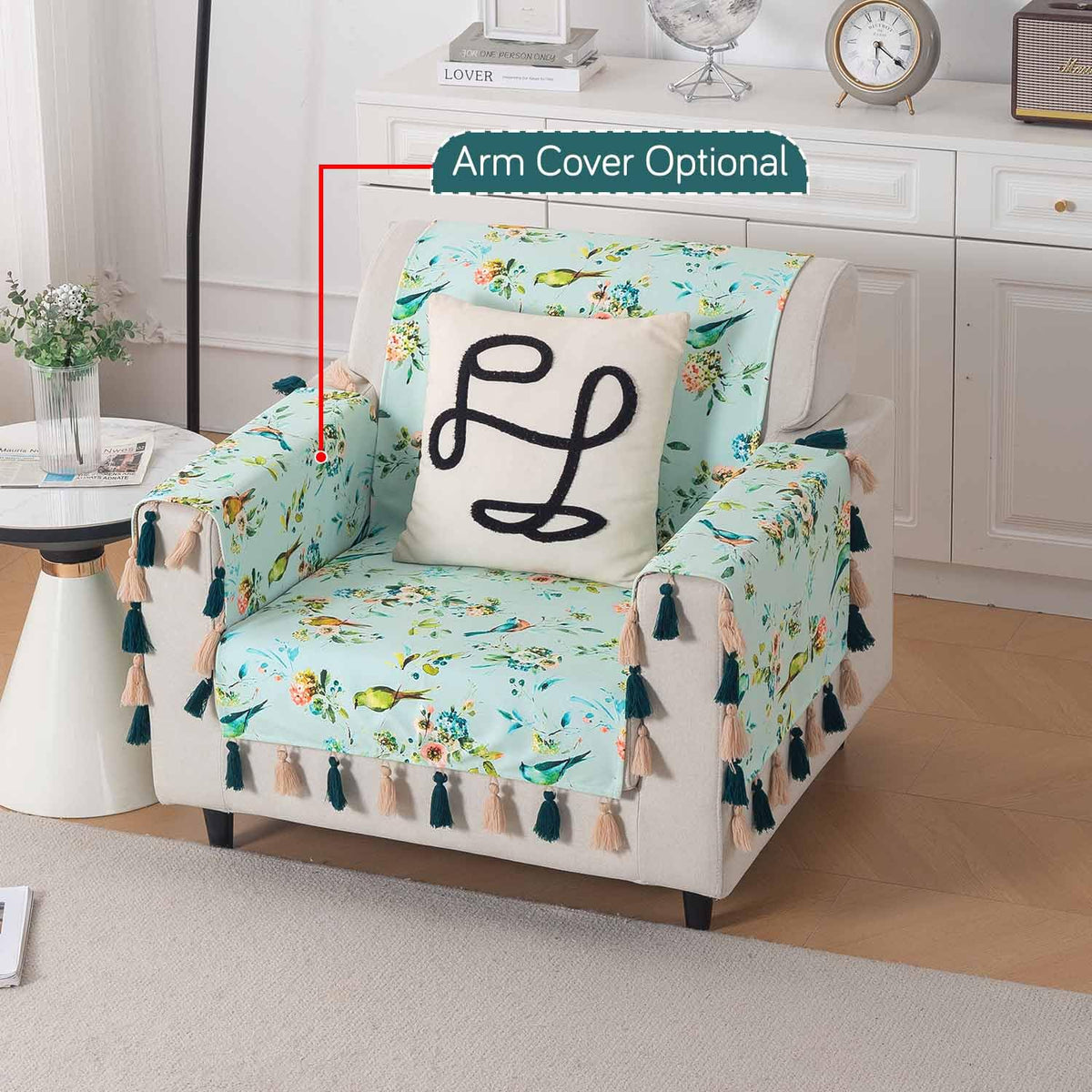 'Whispers of Nature' Series Holland Velvet Sofa Cover with Tassel, Mint Birdsong Blossom