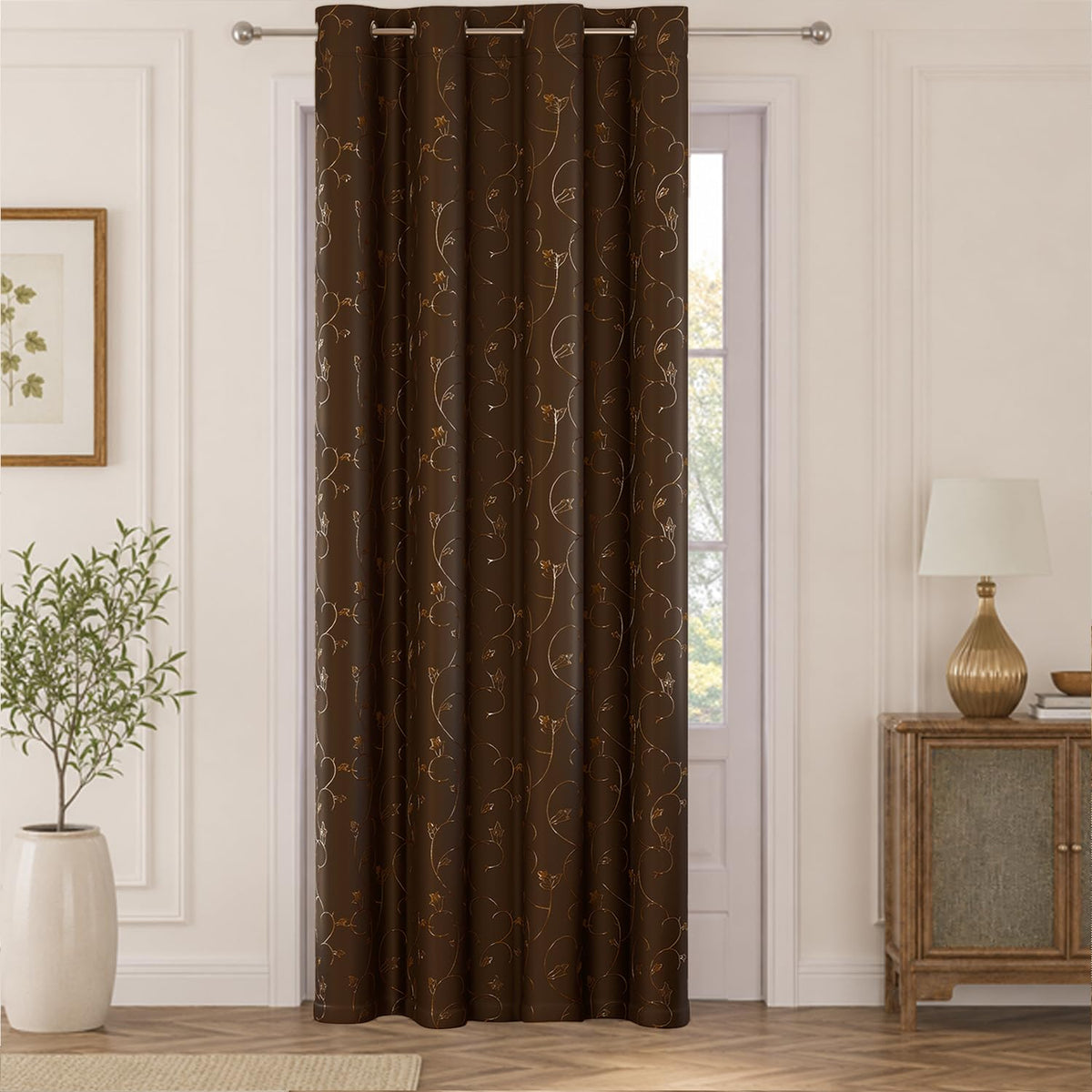 HOKIPO Golden Vine Eyelet Curtains, 7 Feet Long - Chocolate Brown - image 2