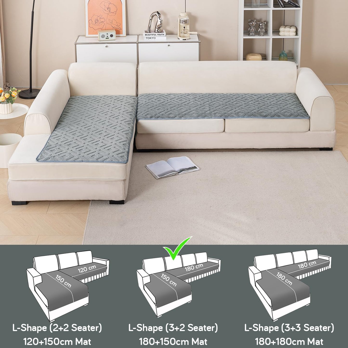 Velvet Maze Premium L Shape Sofa Cover Seat Mat, Dark Grey