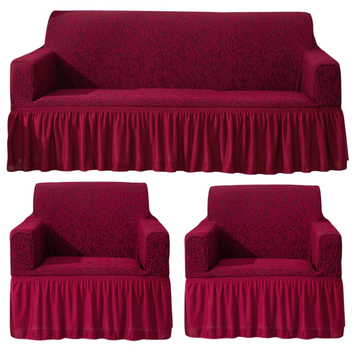Wine Red stetchable designer woven jacquard frill sofa cover 3 1 1