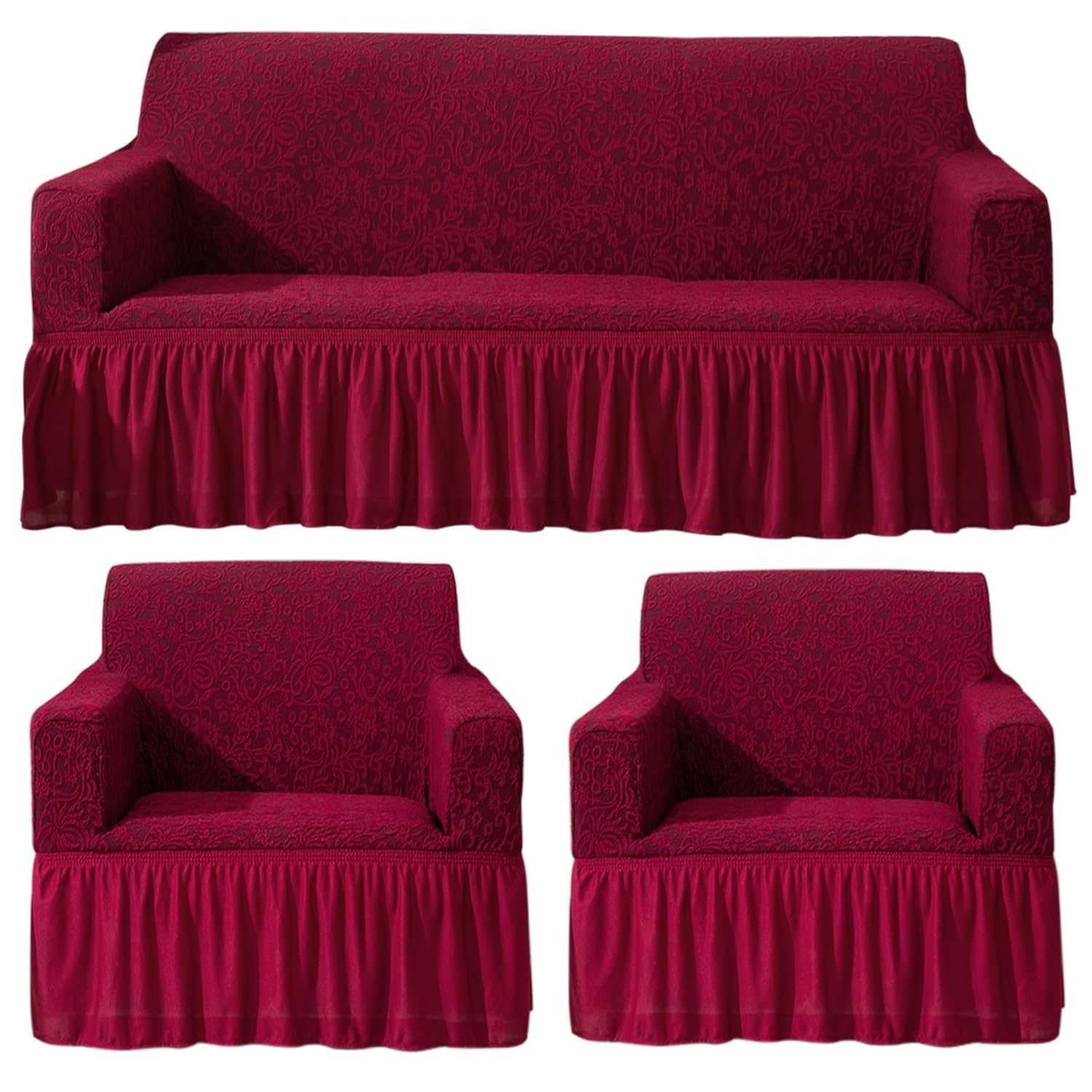Wine Red stetchable designer woven jacquard frill sofa cover 3 1 1