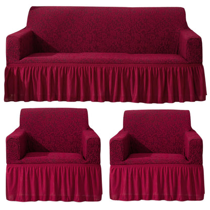 Wine Red stetchable designer woven jacquard frill sofa cover 3 1 1