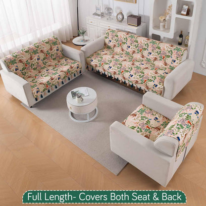 'Whispers of Nature' Series Holland Velvet Sofa Cover with Tassel, Beige Woodland Bloom