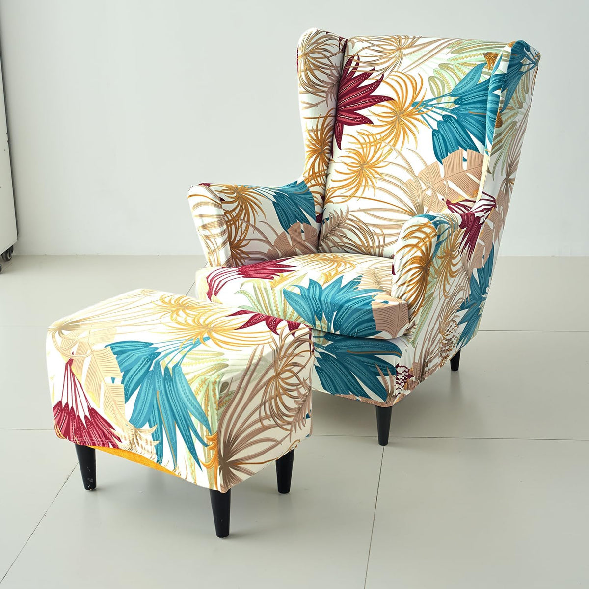 Buy Cane Beige Ferns Stretchable Wingback Chair & Footstool Cover