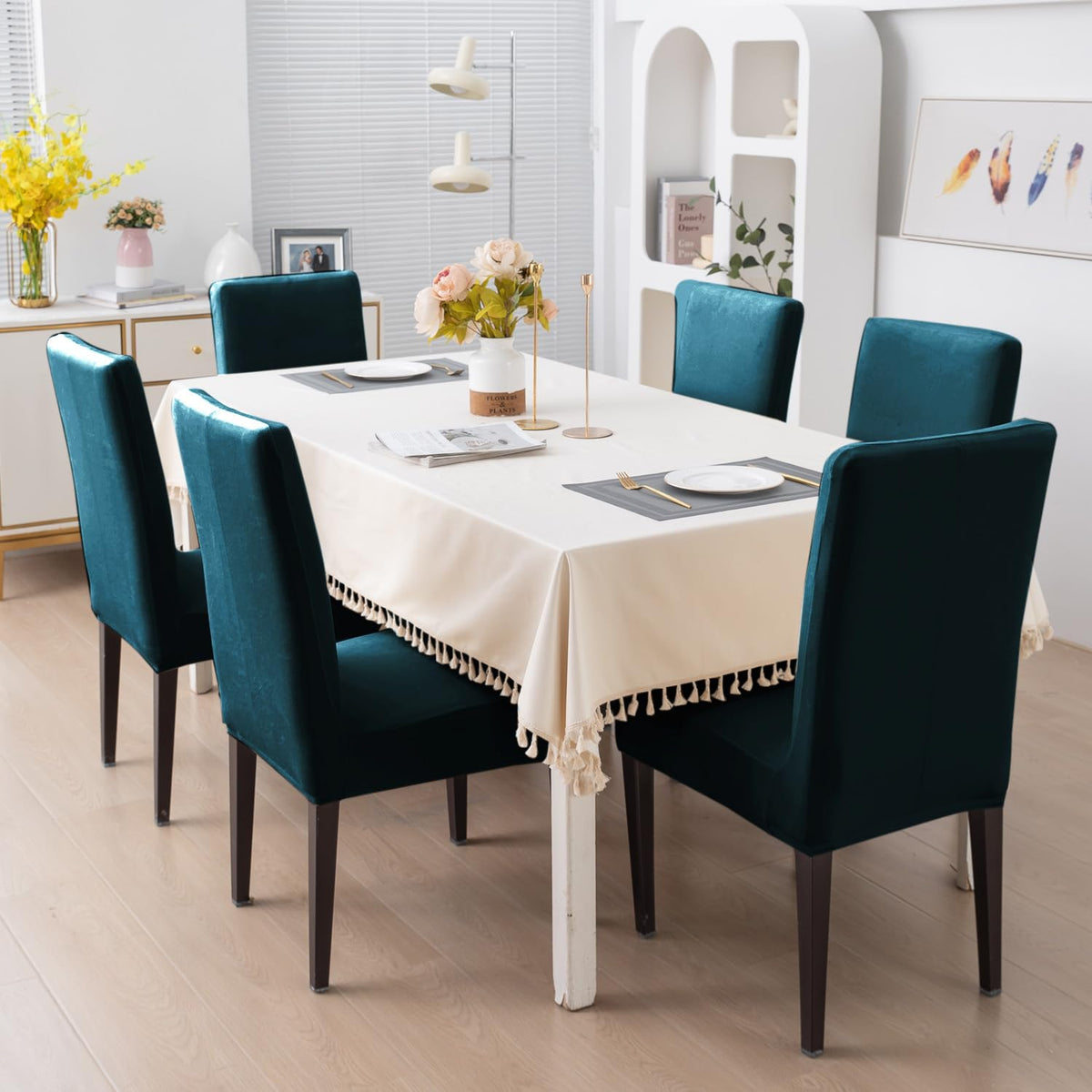 Elastic Stretchable Premium Velvet Dining Chair Cover, Peacock Blue