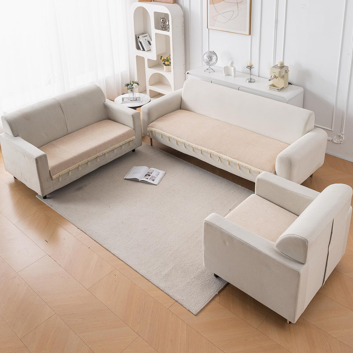 Serenity Tassel Chenille Sofa Cover with Tassel – Ivory Fringe