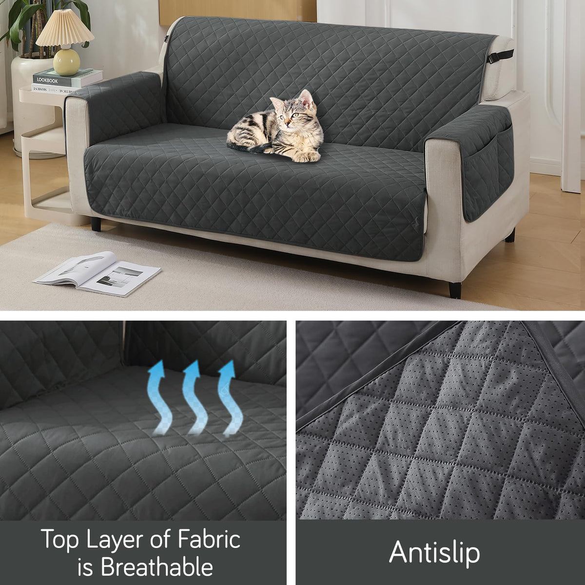 Grey colour 2 seater quilted waterproof sofa mat | Hokipo