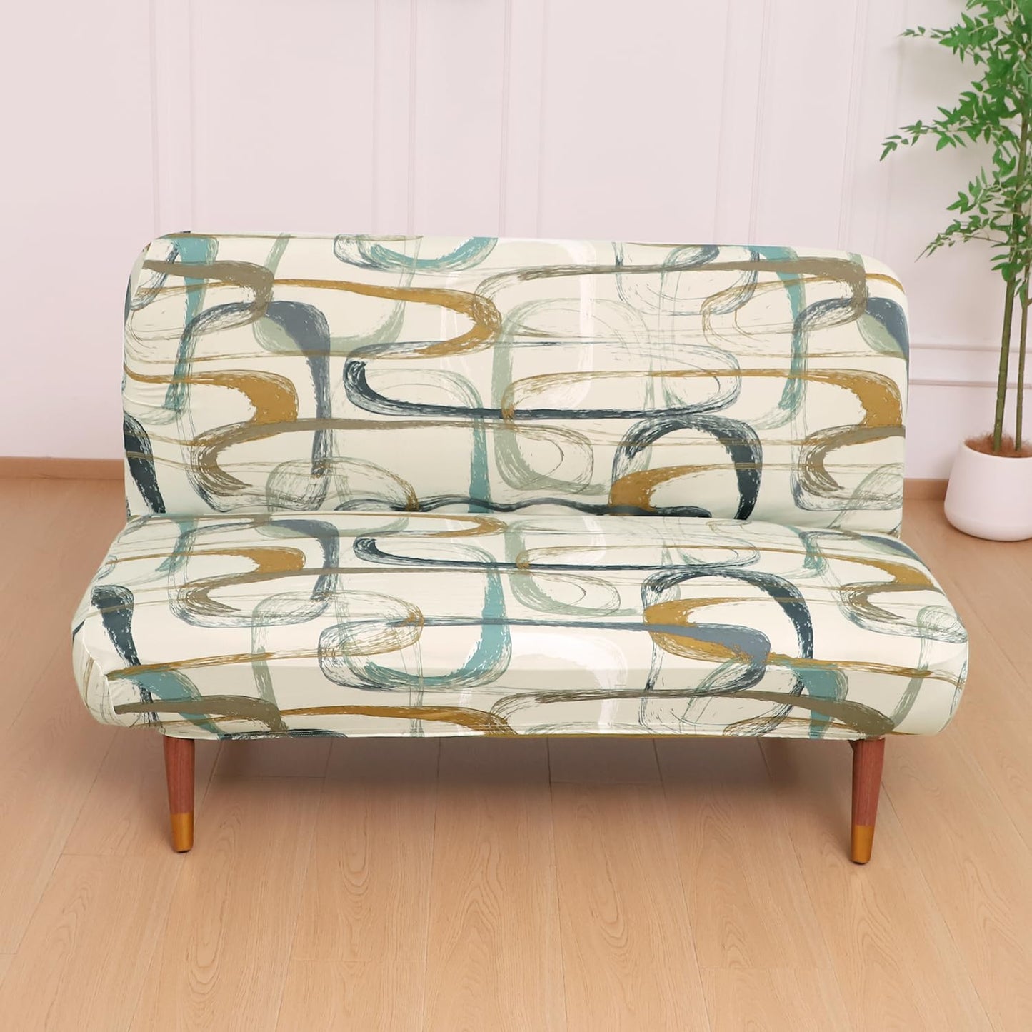 Elira Series Stretchable Elastic Armless Sofa Cover – 140 GSM, Futon Slipcover, Easy Fit, Parchement Beige Abstract Art