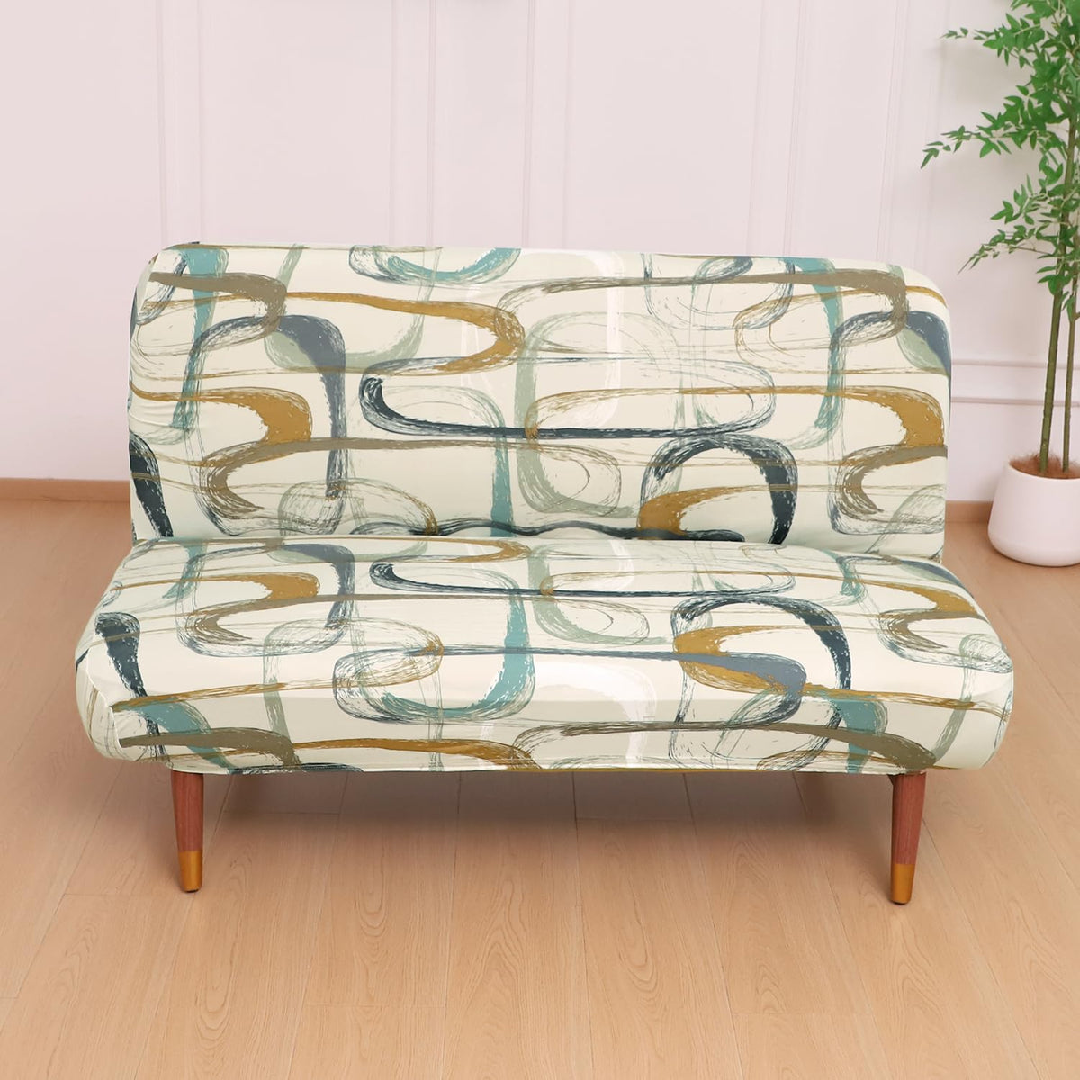 Buy Parchement Beige Abstract Art Printed Elastic Armless Sofa Cover - HOKIPO