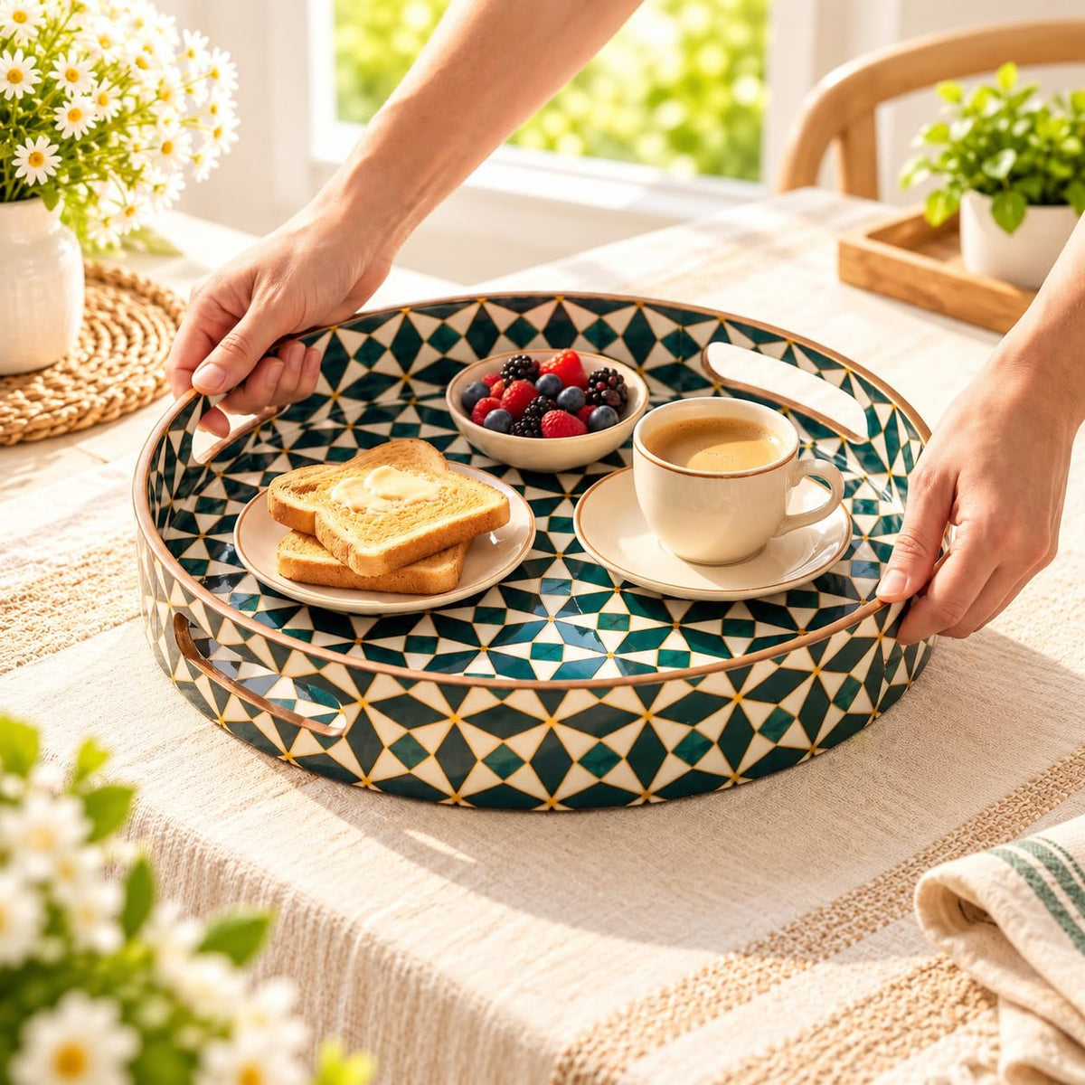 HOKIPO Round Serving Tray 12 in, Engineered Wood, Moroccan Prism - image 9