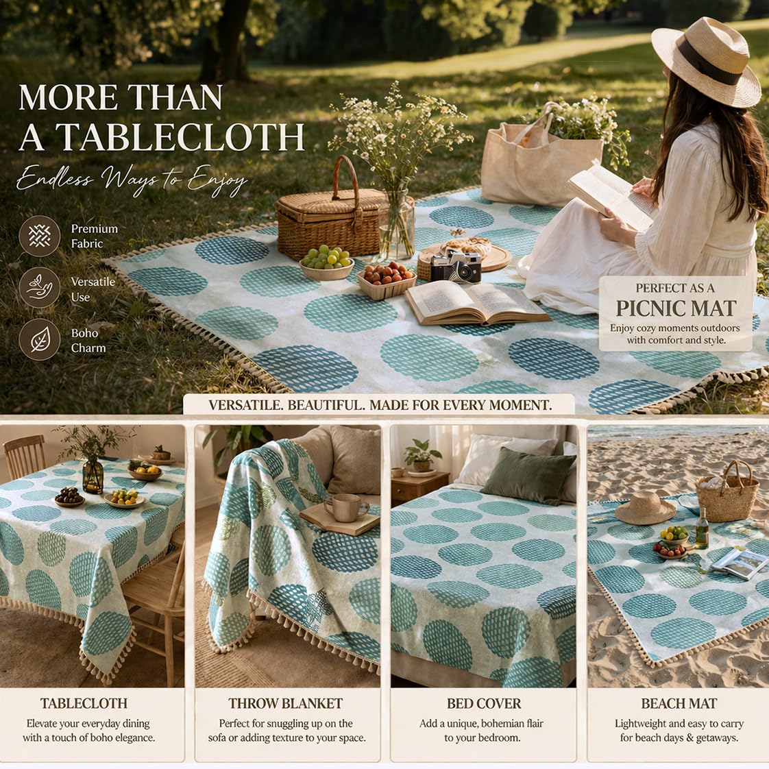 HOKIPO ShieldQuilt Table Cloth with Tassel Edge for 4/6 Seater, Arctic Circles - image 6