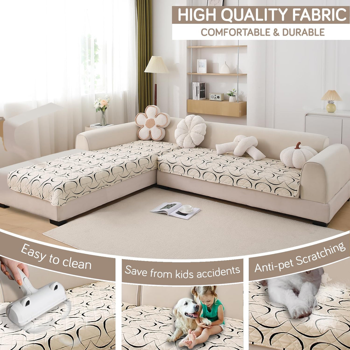 Waterproof Printed Quilted Quick Dry L Shape Sofa Seat Cover Mat, Natural Beige Abstract Art