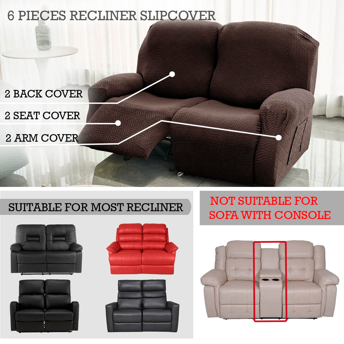 Buy Brown Colour Jacquard 6 Pieces Recliner Slipcover | HOKIPO