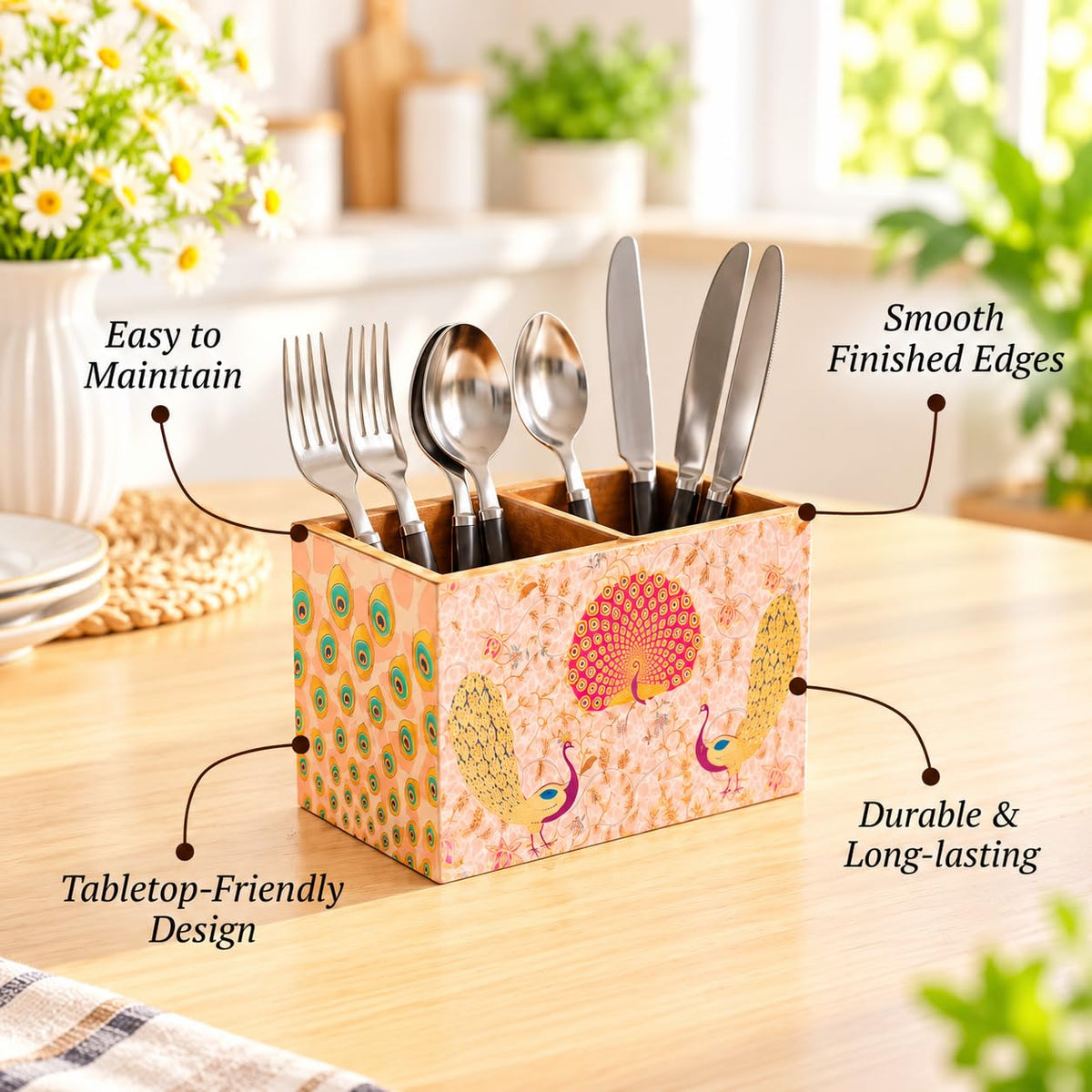 HOKIPO Cutlery Holder for Dining Table, Engineered Wood, Gulabi Mayurvan - image 7