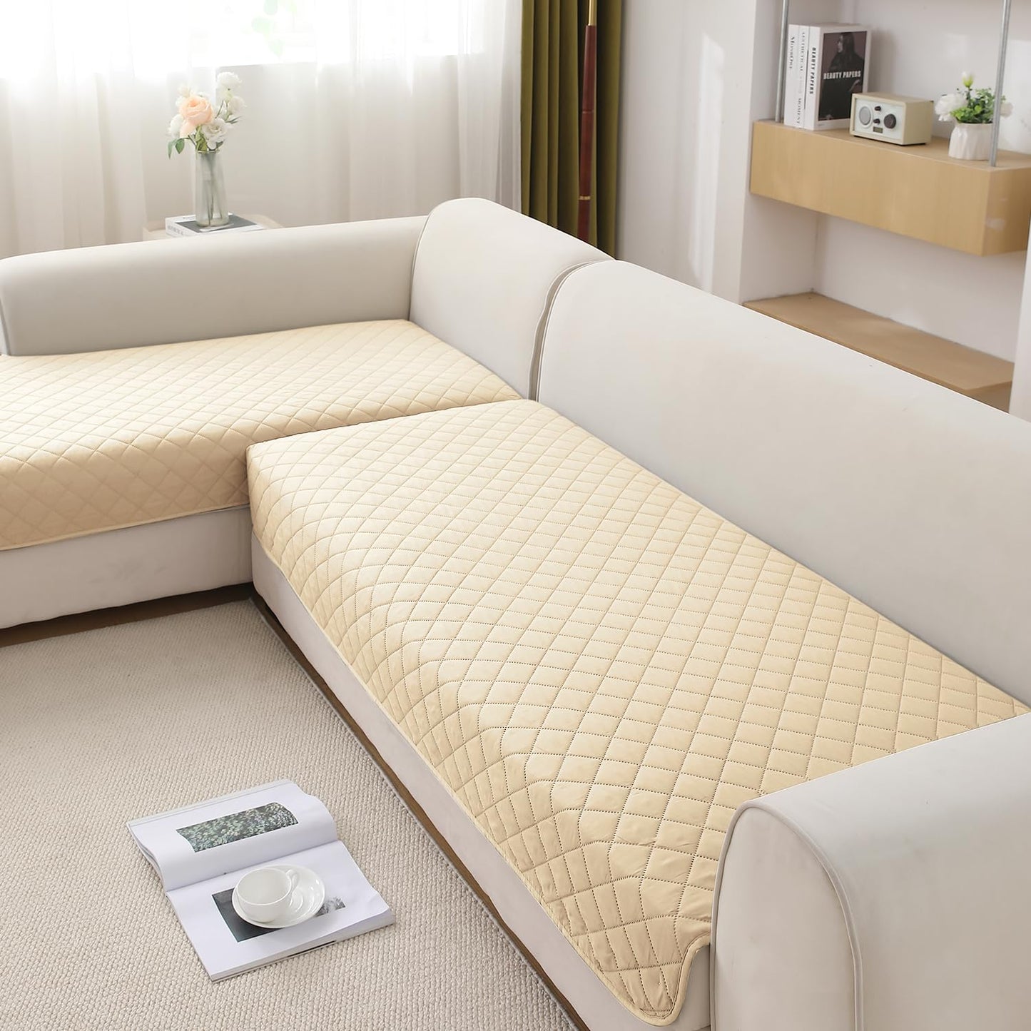 HOKIPO Waterproof Quilted Quick Dry L Shape Sofa Seat Cover Mat, Beige