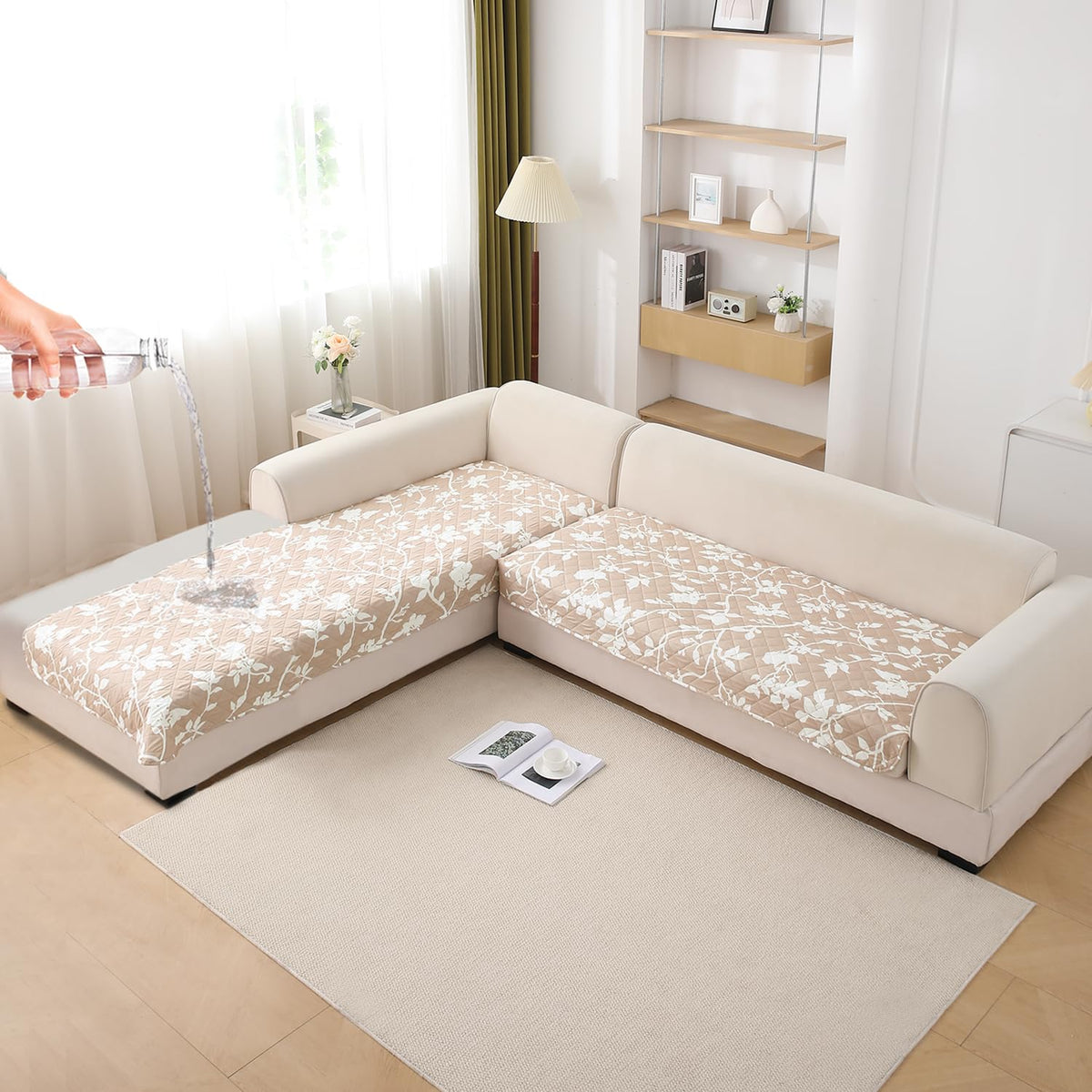 Waterproof Printed Quilted Quick Dry L Shape Sofa Seat Cover Mat, Buff Brown Sillehoute Floral