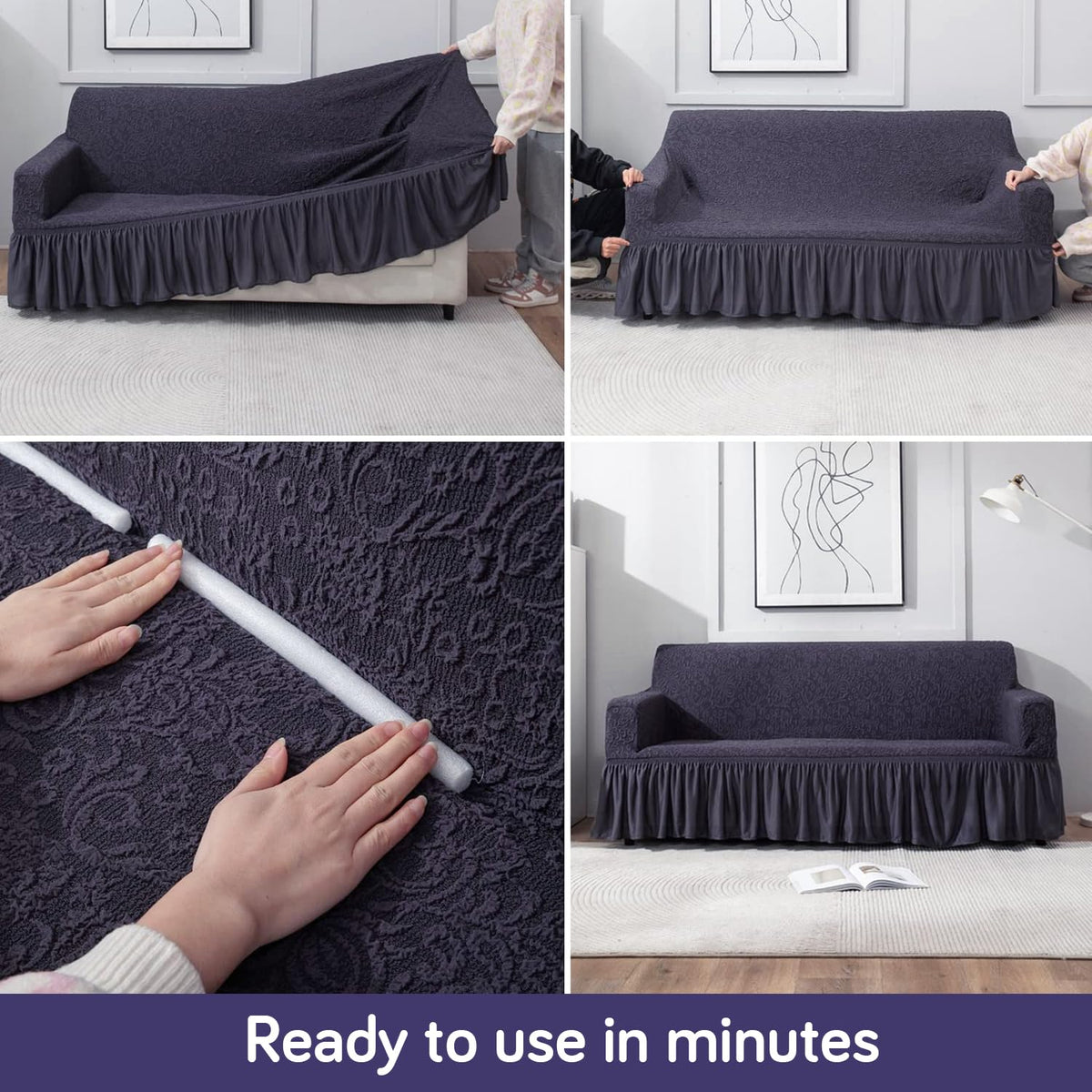 Elastic Stretchable Designer Woven Jacquard Sofa Cover with Frill, Abbey Grey