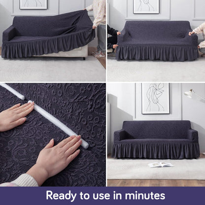 Elastic Stretchable Designer Woven Jacquard Sofa Cover with Frill, Abbey Grey