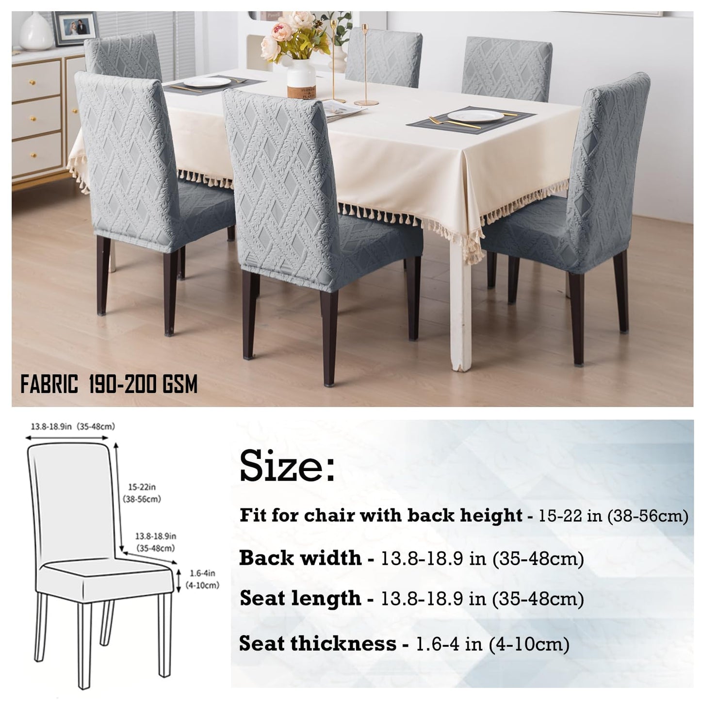 Chair Cover Set of 1/2/4/6, 190 GSM Jacquard, Light Grey