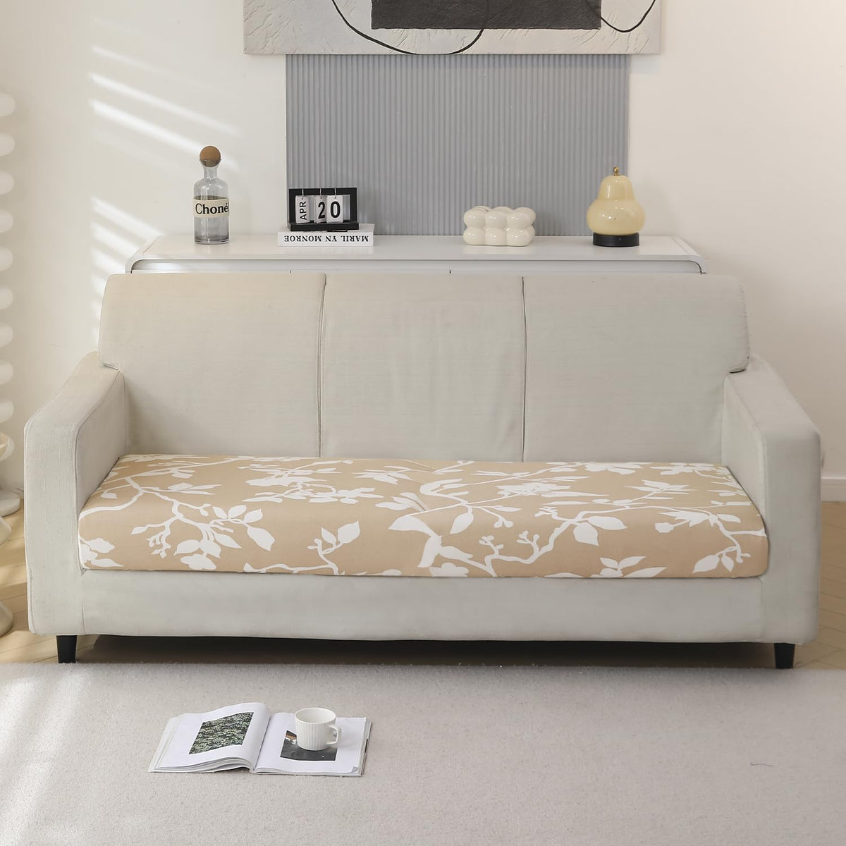140 GSM Stretchable Printed Elastic Sofa Cushion Seat Cover for 1 /2 /3 Seaters / Pieces for Sofa, Buff Brown Sillehoute Floral