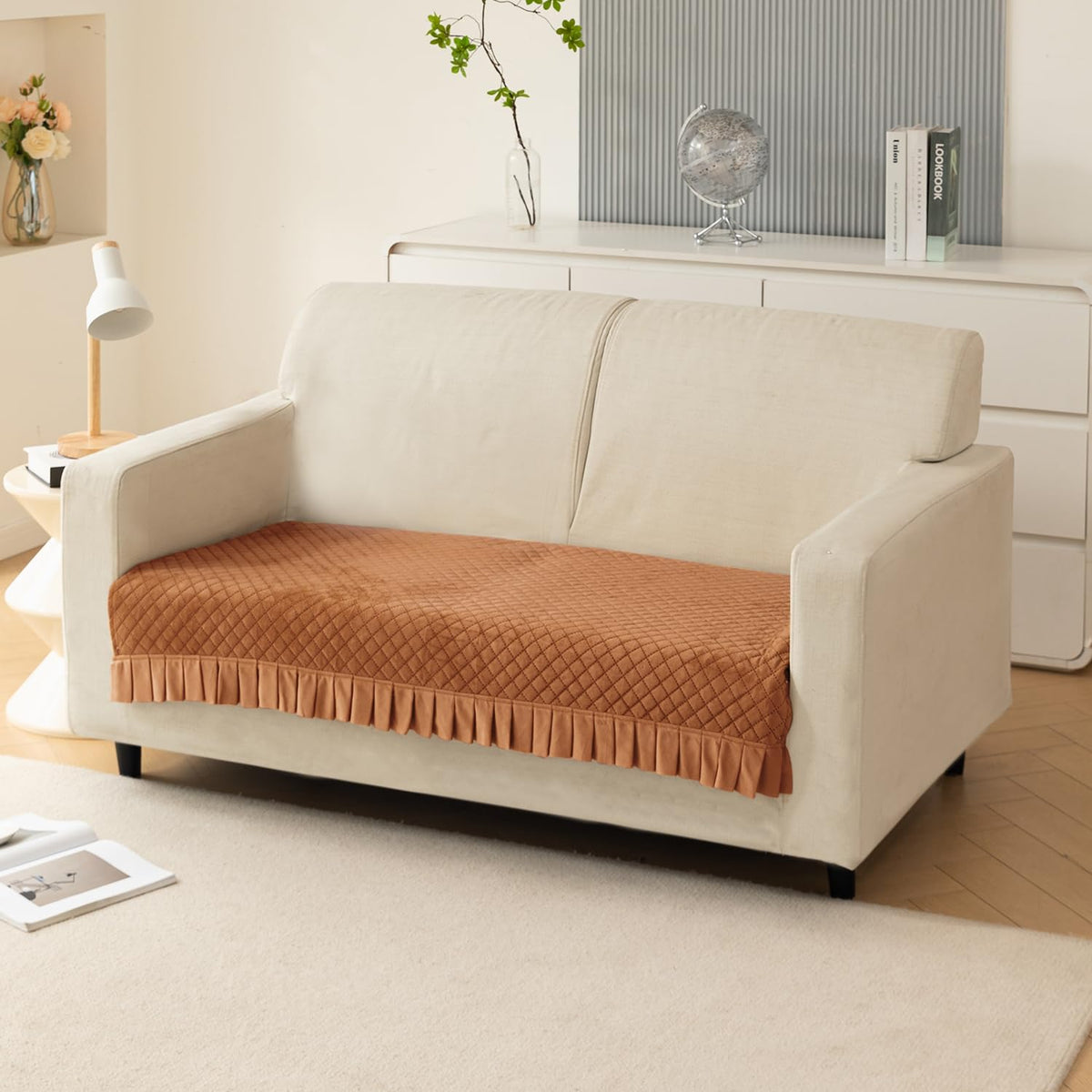 Holland Velvet Sofa Cover Seat Mat with Frill for 1/2/3 - Seater, Copper