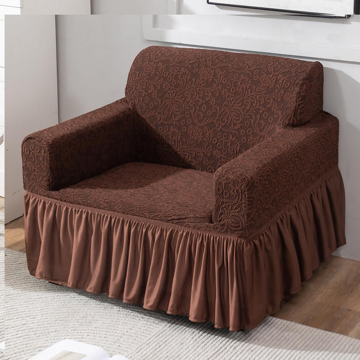 Elastic Stretchable Designer Woven Jacquard Sofa Cover with Frill , Pecan Brown