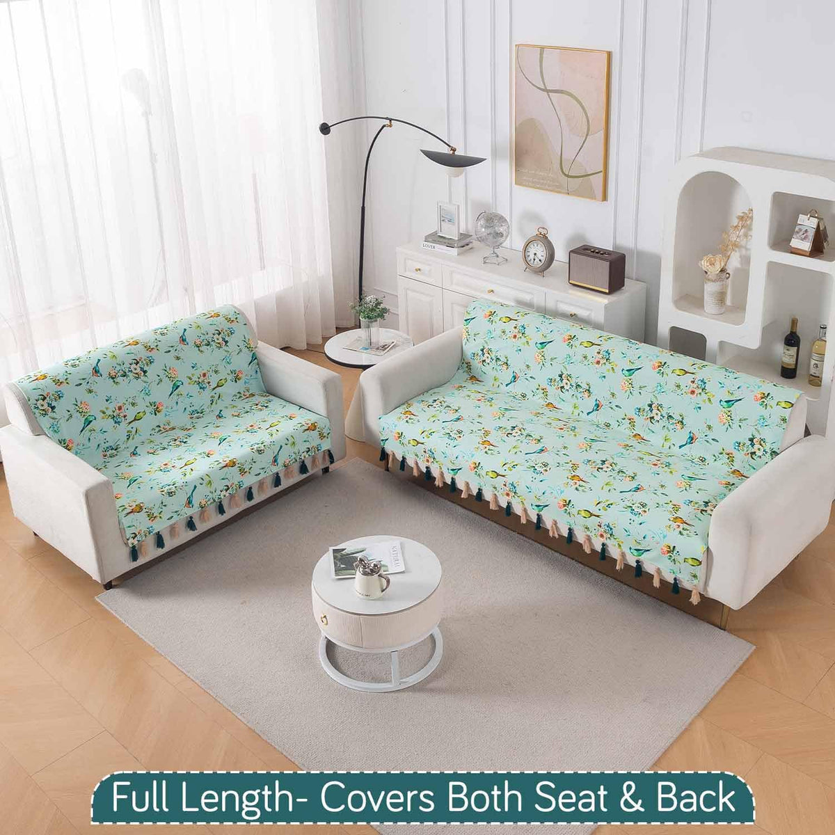 'Whispers of Nature' Series Holland Velvet Sofa Cover with Tassel, Mint Birdsong Blossom