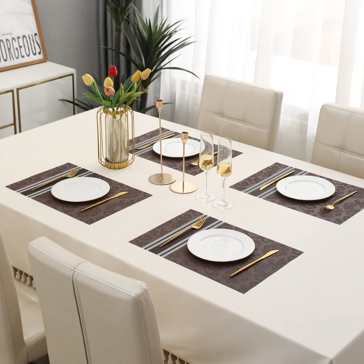 PVC Dining Table Mats, Damask Brown
