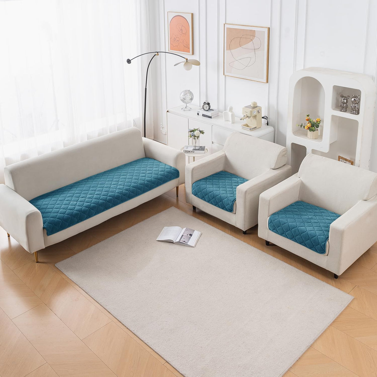 Diamond Tuft Quilted 5-Seater Sofa Mat (3+1+1), Anti-Slip, Dusty Teal