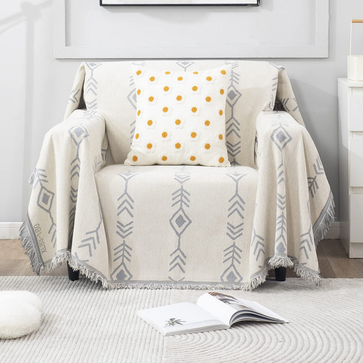 Thick, Soft and Pet Friendly Chenille Sofa Cover Throw, Off-White Aztec
