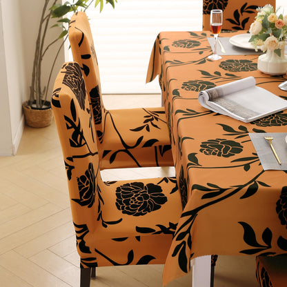 Elastic Dining Chair Covers with Matching Tablecloth, Copper Brown Floral