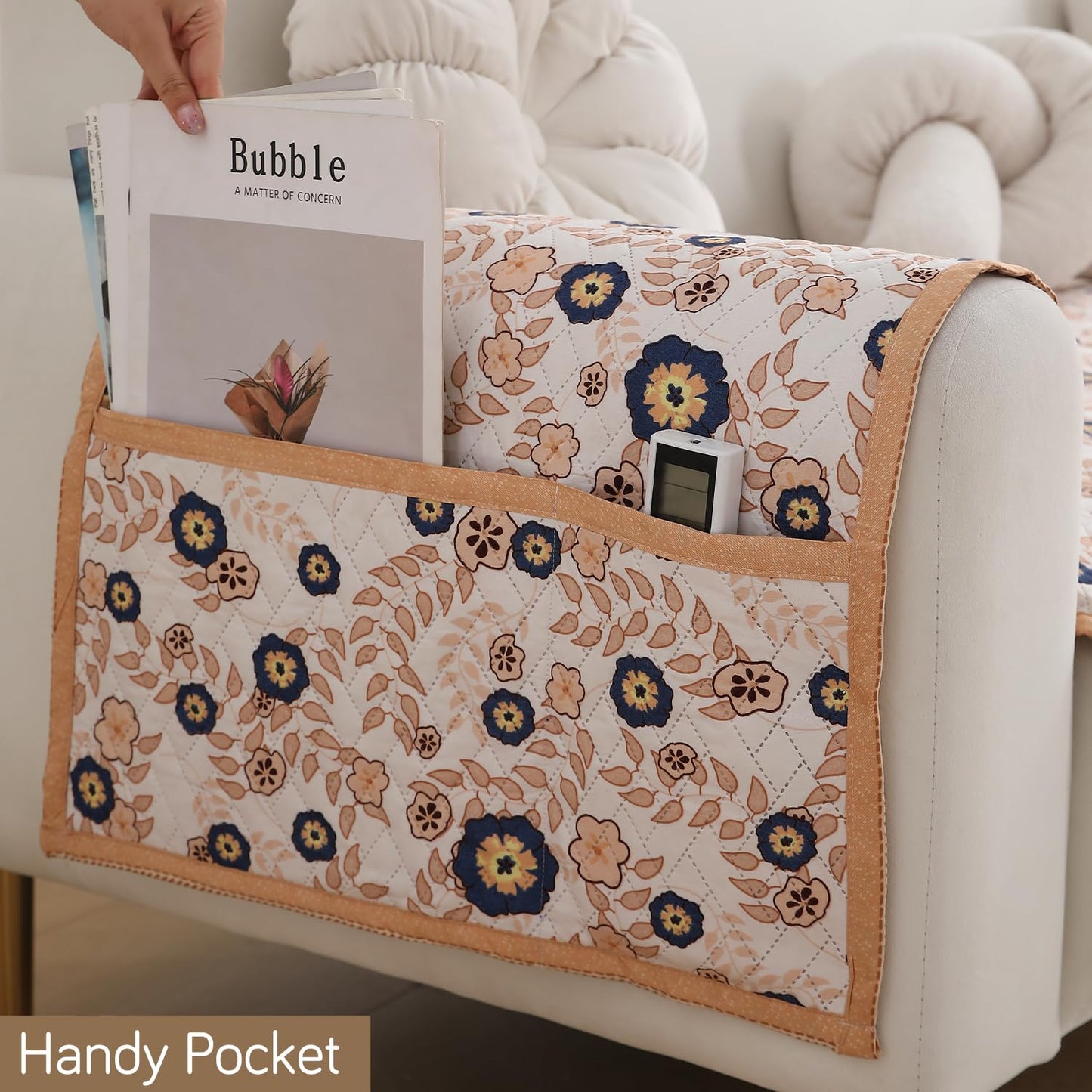 HOKIPO Quilted Sofa Seat Mat for 1/2/3 Seater with 2 Armrest Covers with Pockets, Light Peach Candytuft