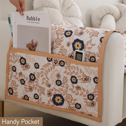 HOKIPO Quilted Sofa Seat Mat for 1/2/3 Seater with 2 Armrest Covers with Pockets, Light Peach Candytuft