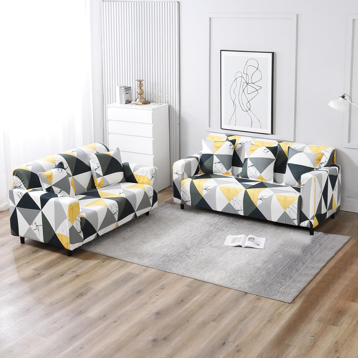 Elastic Stretchable Printed Sofa Cover, Geometric Multicolor