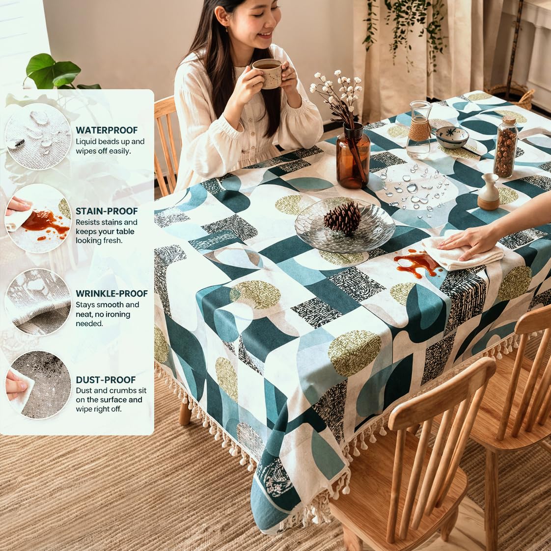 HOKIPO ShieldQuilt Table Cloth with Tassel Edge for 4/6 Seater, Aqua Geometry - image 4