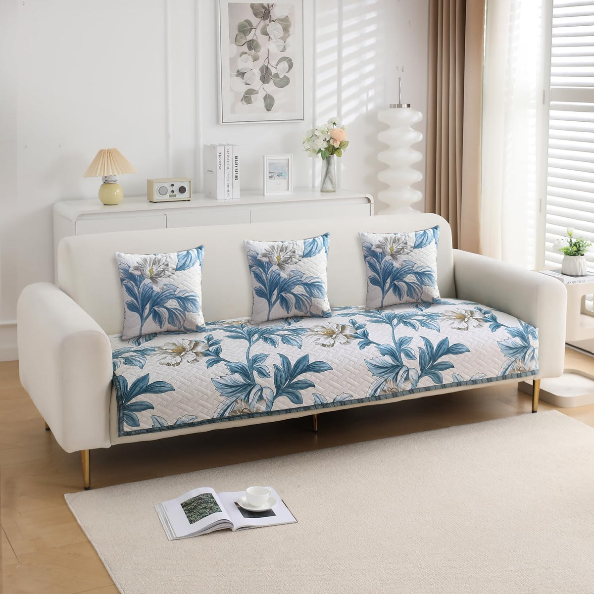 Celadon Blue Camellia Printed quilted three seater sofa cover