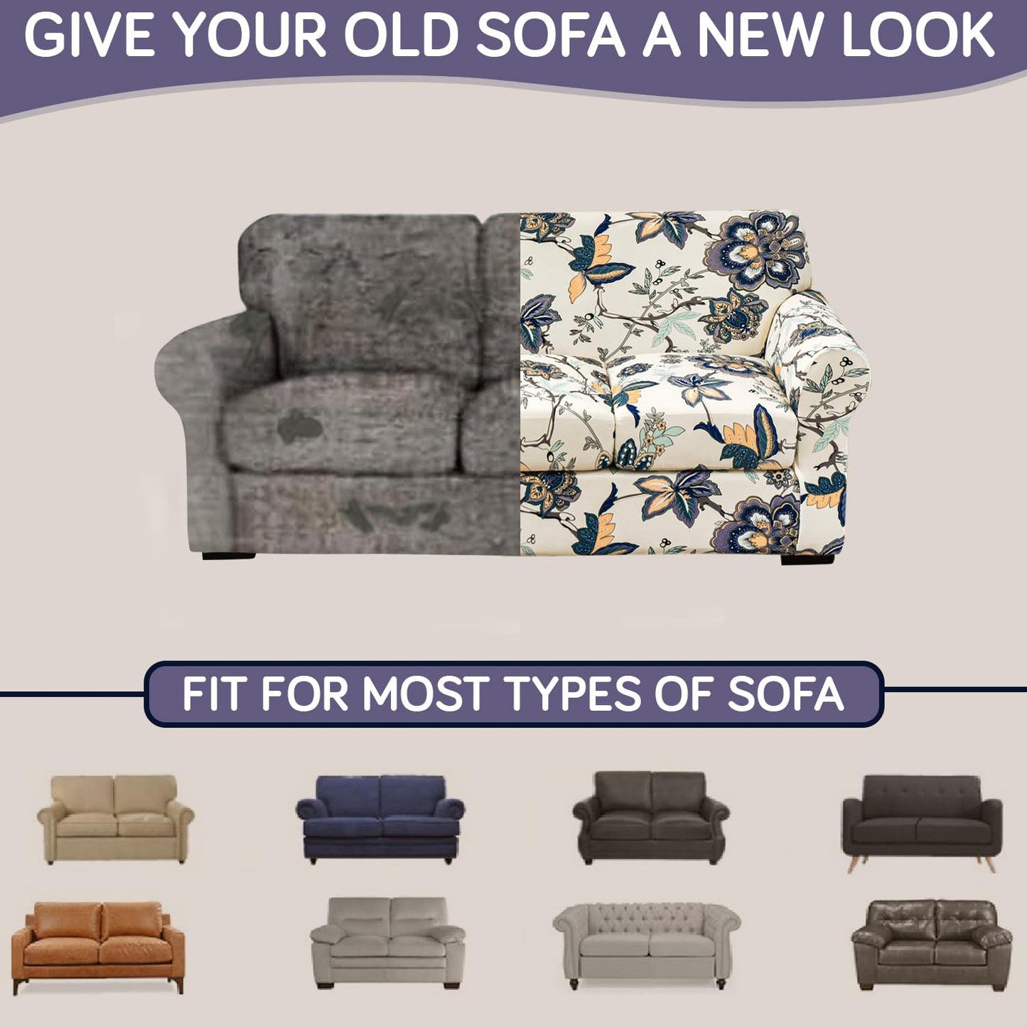 Printed Stretchable Sofa Slipcover with 1/2/3 Pc Separate Seat Cushion Cover for each 1/2/3 Seater, Cream Majestic Flora