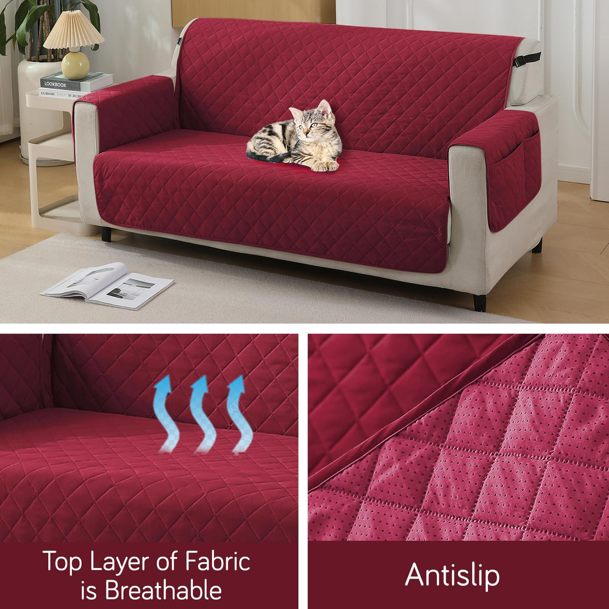 Maroon colour 3 seater quilted waterproof sofa mat | Hokipo