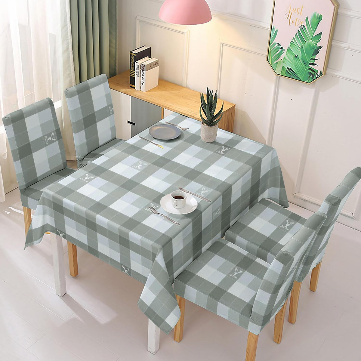 Polyester Dining Chair Covers Set of 4/6 with Matching Tablecloth, Checks Grey